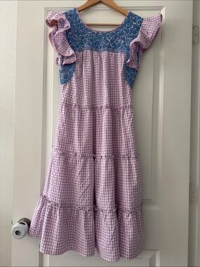 J Marie Pink Gingham Dress with Blue Floral Yoke